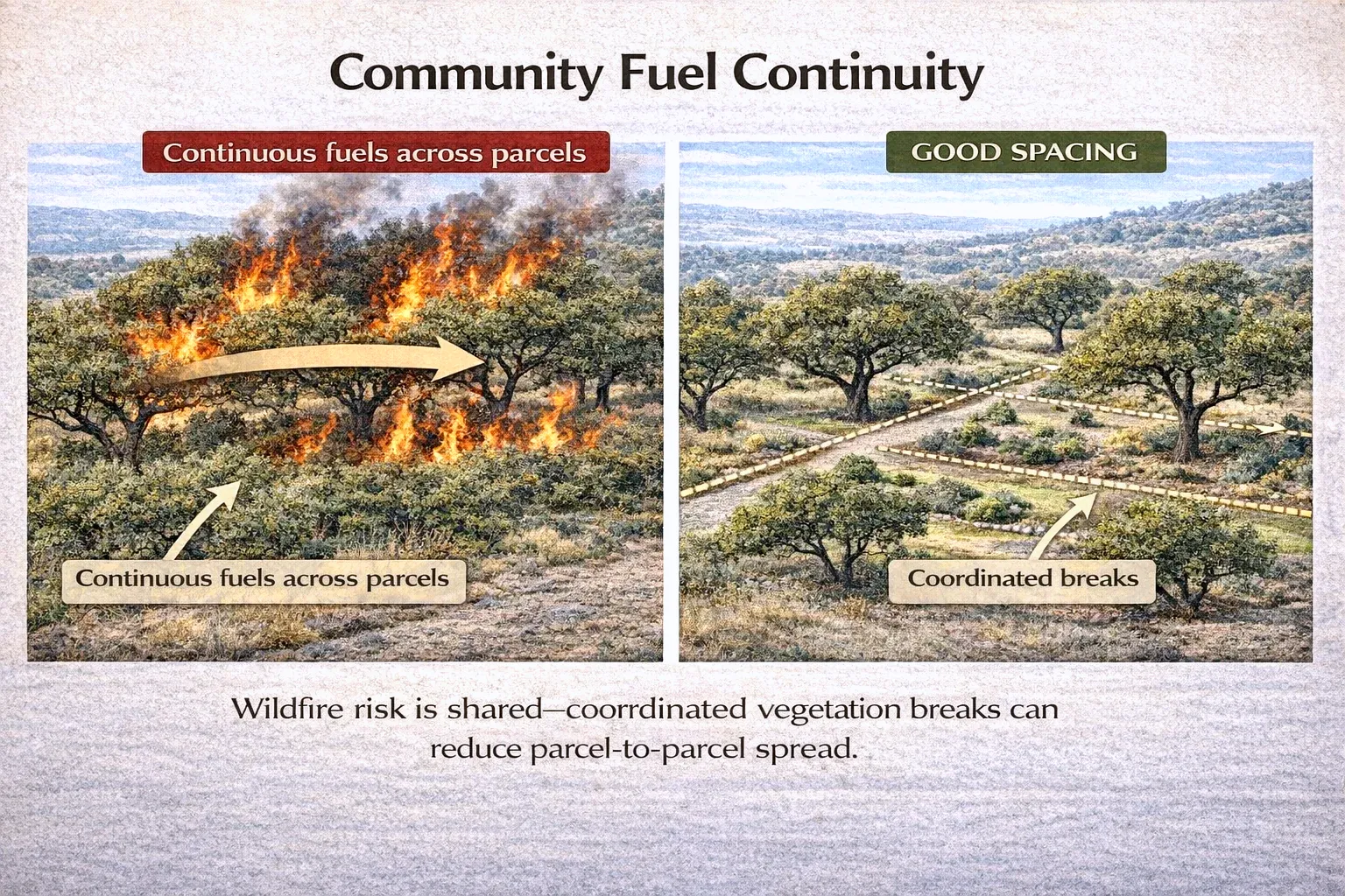 Community fuel continuity: continuous fuels across parcels versus coordinated breaks