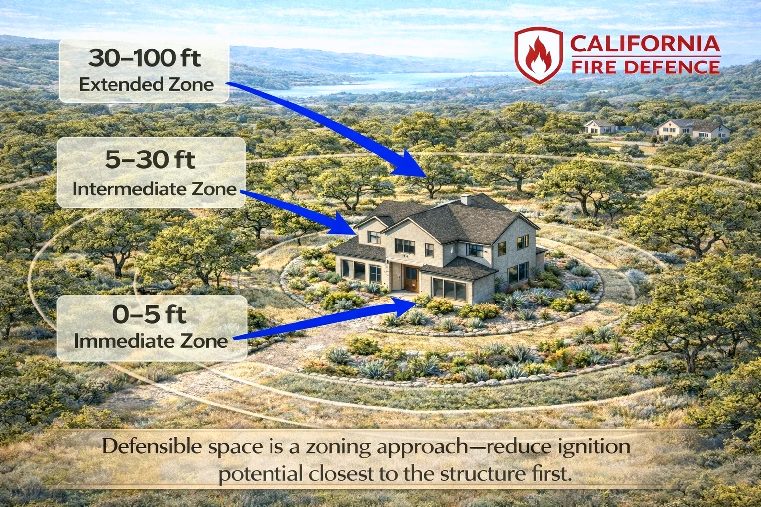Diagram of the three defensible space zones around a home: 0–5 ft, 5–30 ft, 30–100 ft