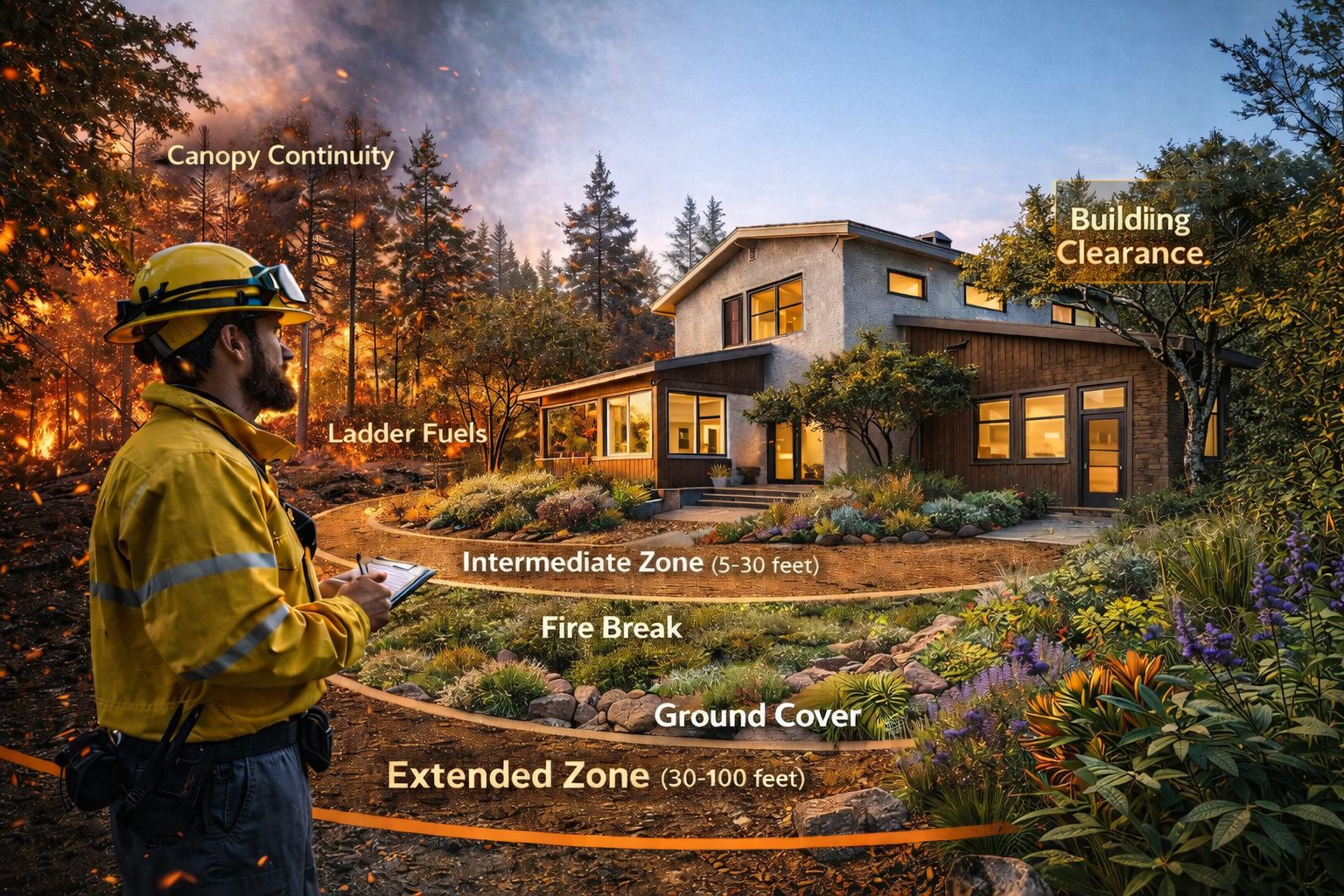 Home in the wildland-urban interface with defensible space zones, ladder fuels, canopy continuity, and building clearance labeled