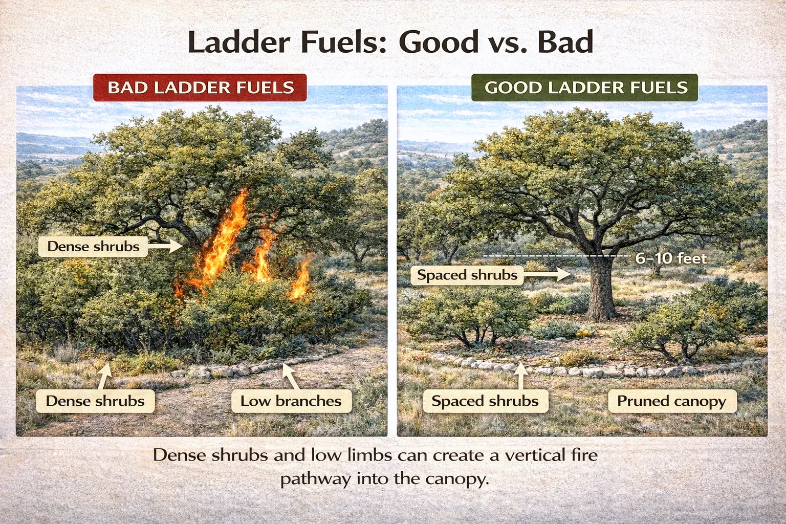 Ladder fuels comparison: dense shrubs and low limbs under a tree versus spaced shrubs and a pruned canopy