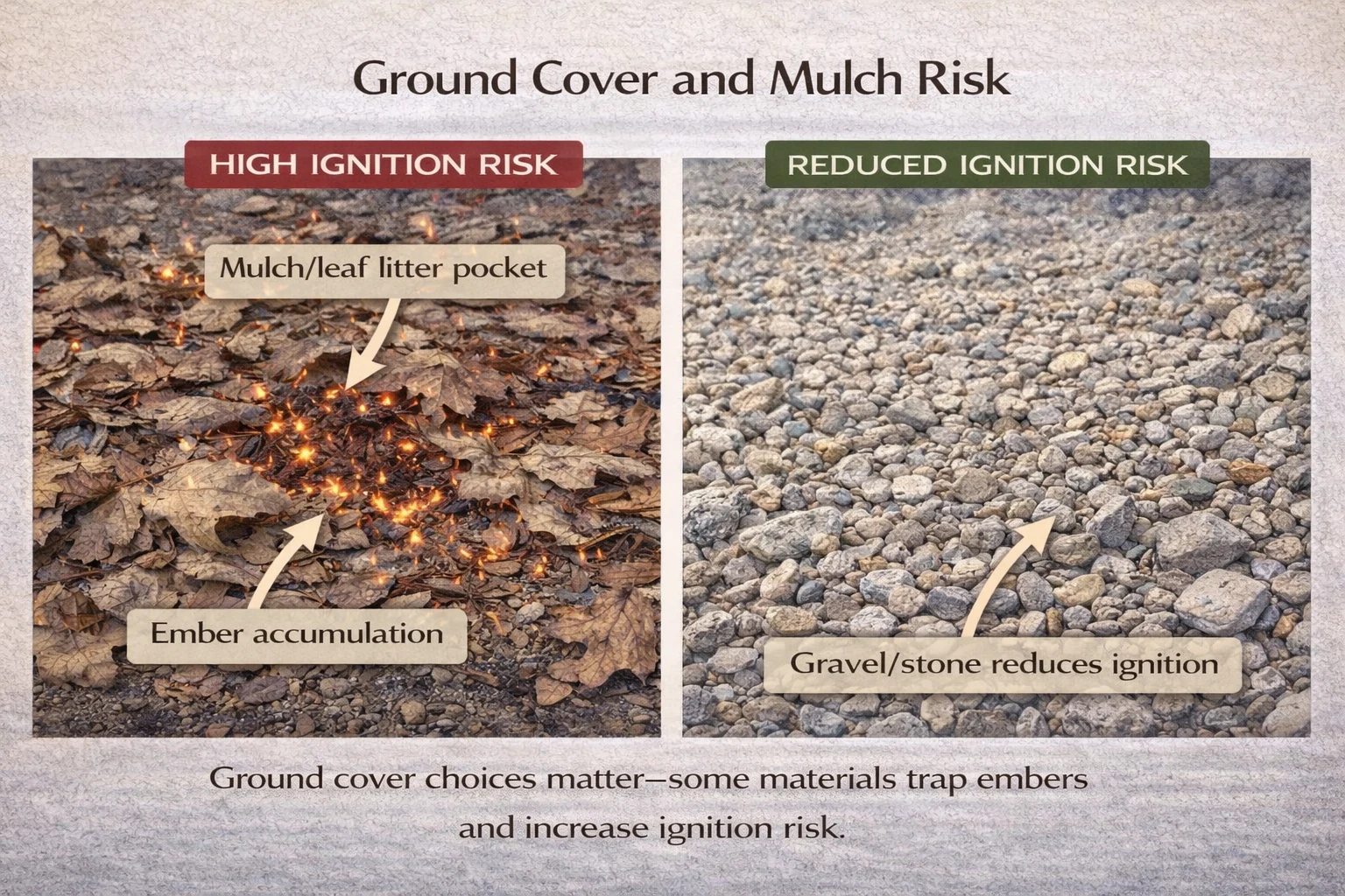 Mulch and leaf litter pocket versus gravel ground cover