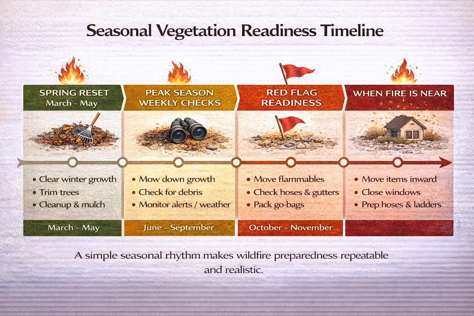 Seasonal vegetation readiness timeline: spring reset, peak season weekly checks, red flag readiness, when fire is near